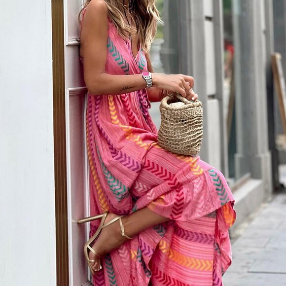 Pink Western Printed Tassel Tie V Neck Wrap Maxi Dress - Picture 5 of 11